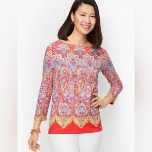 Talbots XL Medallion Paisley Multicolor Long Sleeve Cotton Bateau Neck Tee Beach